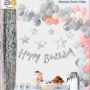 Kaligrafi Banner Happy Birthday Yıldızlı Gümüş