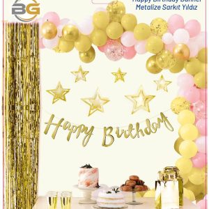 Kaligrafi Banner Happy Birthday Yıldızlı Gold